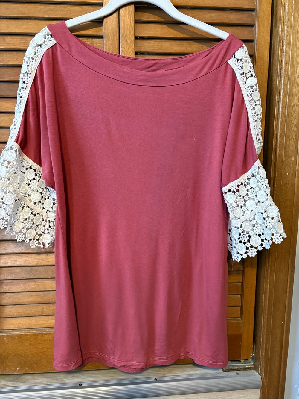 Amaryllis Rose Pink Boatneck Top with White Crochet Sleeves